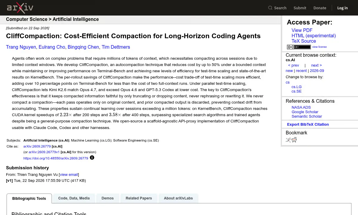 CliffCompaction Cuts Coding Agent Token Costs by 50% Without Summaries
