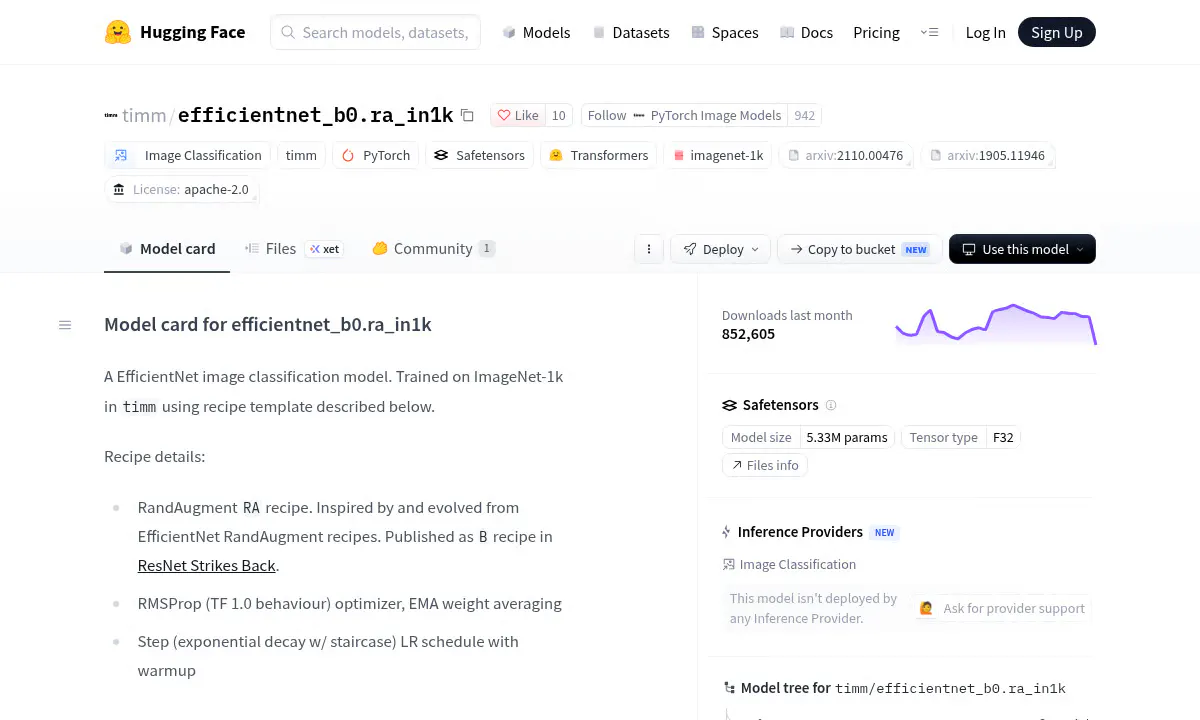 EfficientNet-B0 RA Hits 800K Downloads as Developers Chase Tiny 5M Models