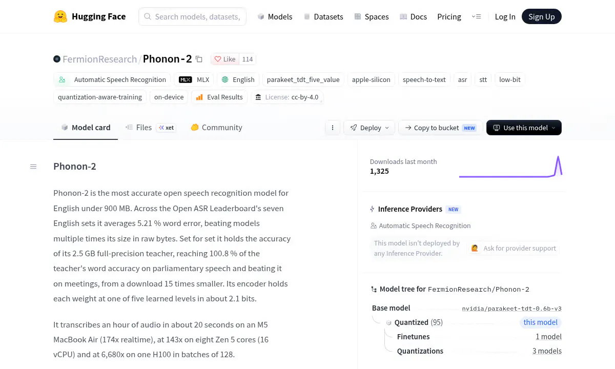Fermion Research's Phonon-2 Beats Whisper at 5.21% WER in Just 164 MB