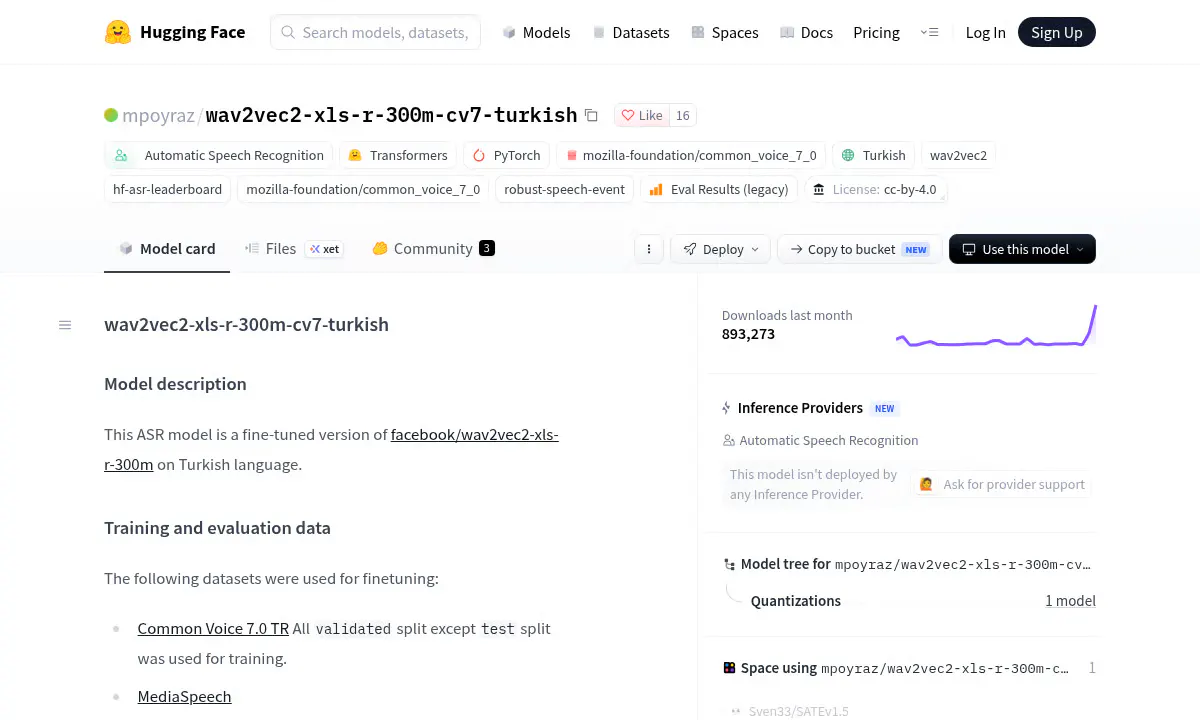 Open Turkish Speech Model wav2vec2-xls-r Quietly Hits 900,000 Downloads