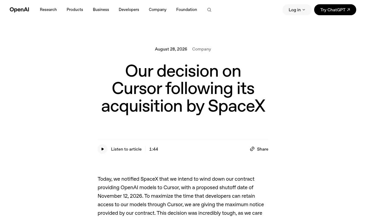 OpenAI Cuts Cursor's Access to GPT Models After SpaceX Takeover