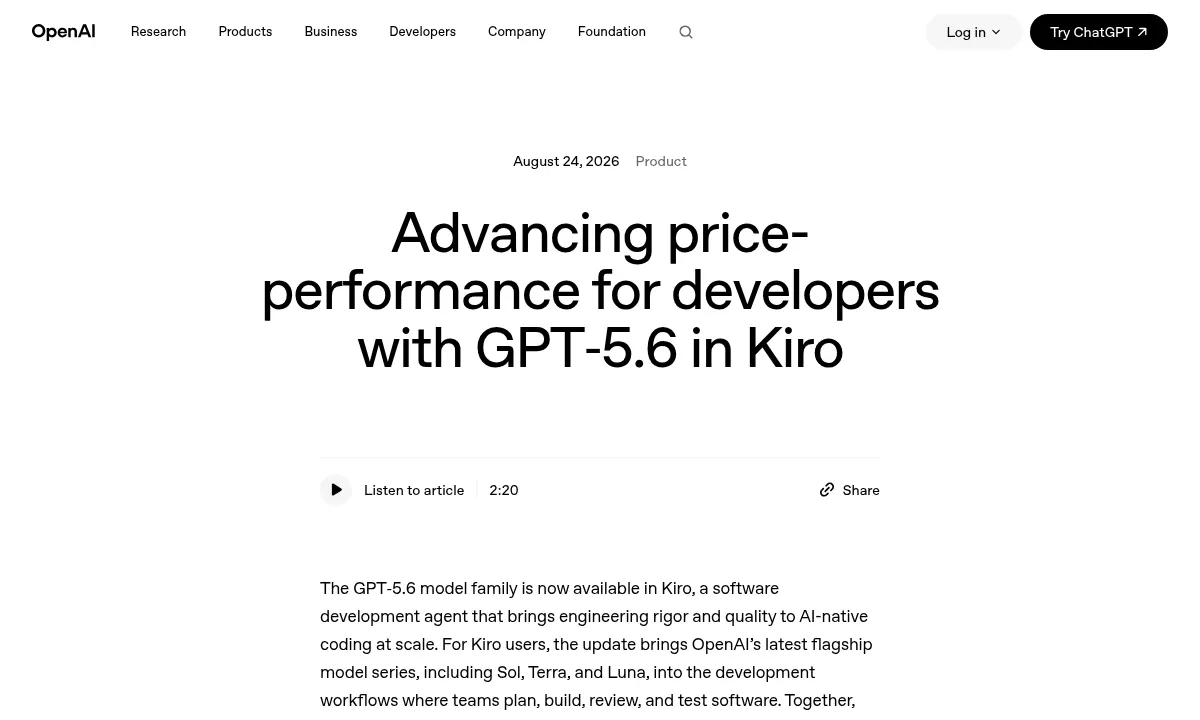 OpenAI's GPT-5.6 Terra Cuts AWS Kiro Coding Costs by 82%