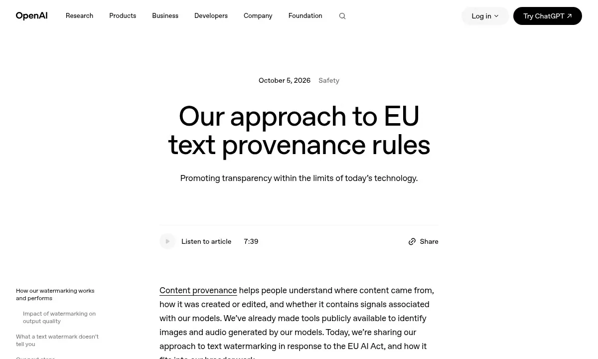 OpenAI Ships textGrain to Invisibly Watermark AI Text for EU Compliance
