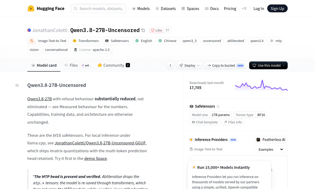 Qwen3.8-27B-Uncensored Drops Refusals from 98 to 12 Without any Training