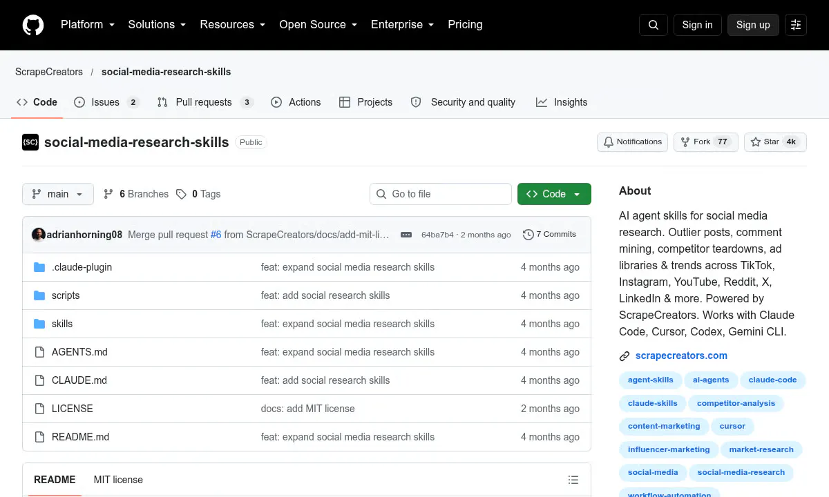 ScrapeCreators Ships 13 Open-Source Agent Skills for Social Media Research
