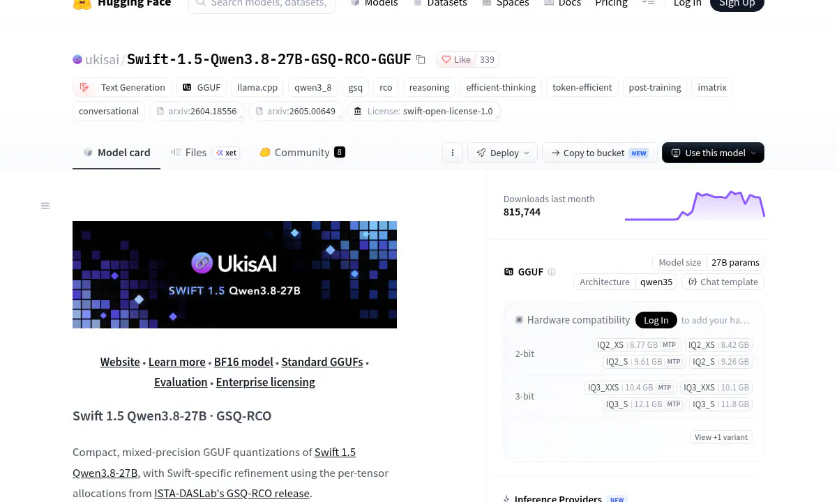 UkisAI Squeezes Swift 1.5's 27B Reasoning Model Into 8.42GB for Consumer GPUs